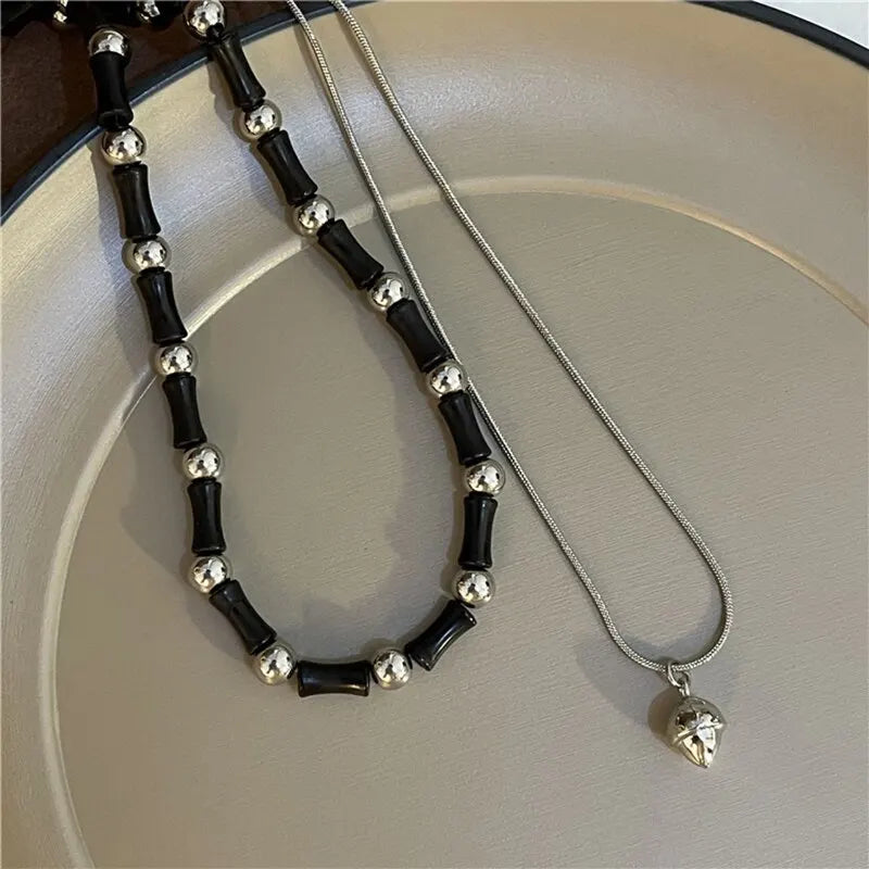 2Pcs Vintage Peace Pendant Necklace Set – Natural Stone Beaded Choker for Women & Men