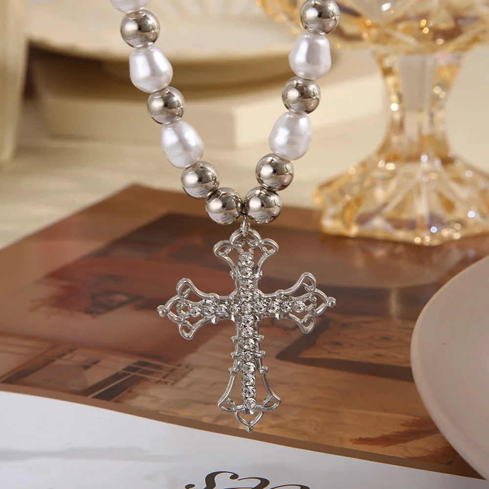 Gothic Pearl Cross Pendant Necklace – Trendy Punk Chain Jewelry for Women