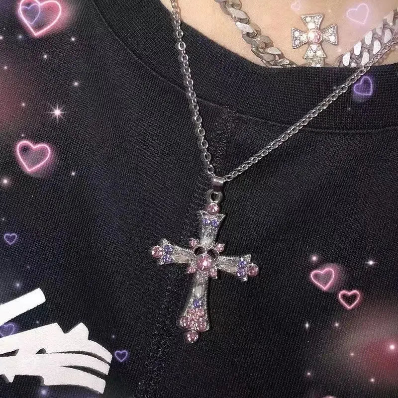 Trendy Pink Crystal Zircon Cross Necklace – Sparkling Pendant Jewelry for Women & Girls