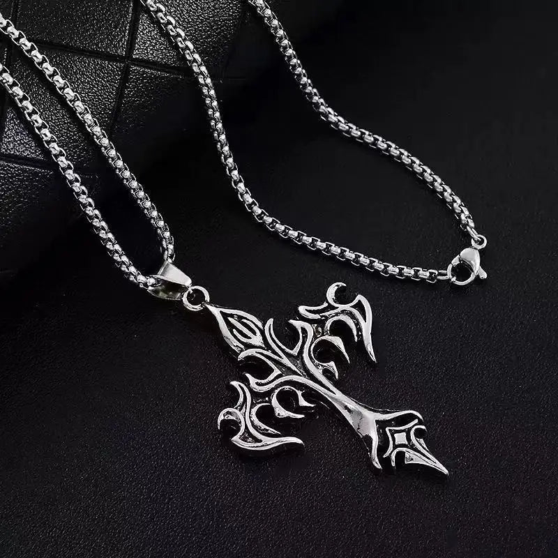 Retro Flame Cross Pendant Necklace – Punk Gothic Long Chain Jewelry for Men & Women
