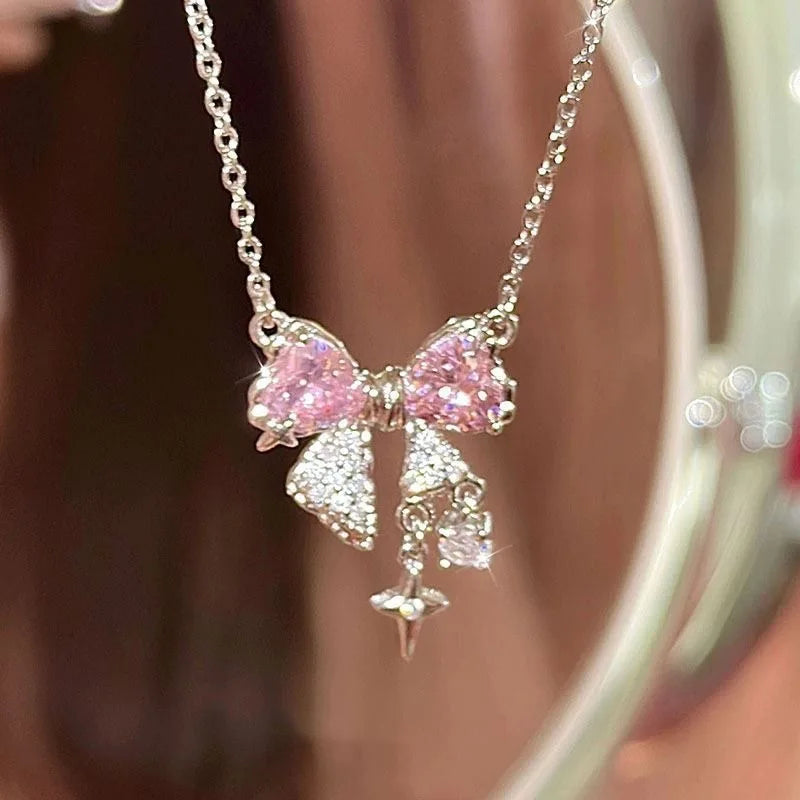 Pink Bow Star Rhinestone Necklace for Women