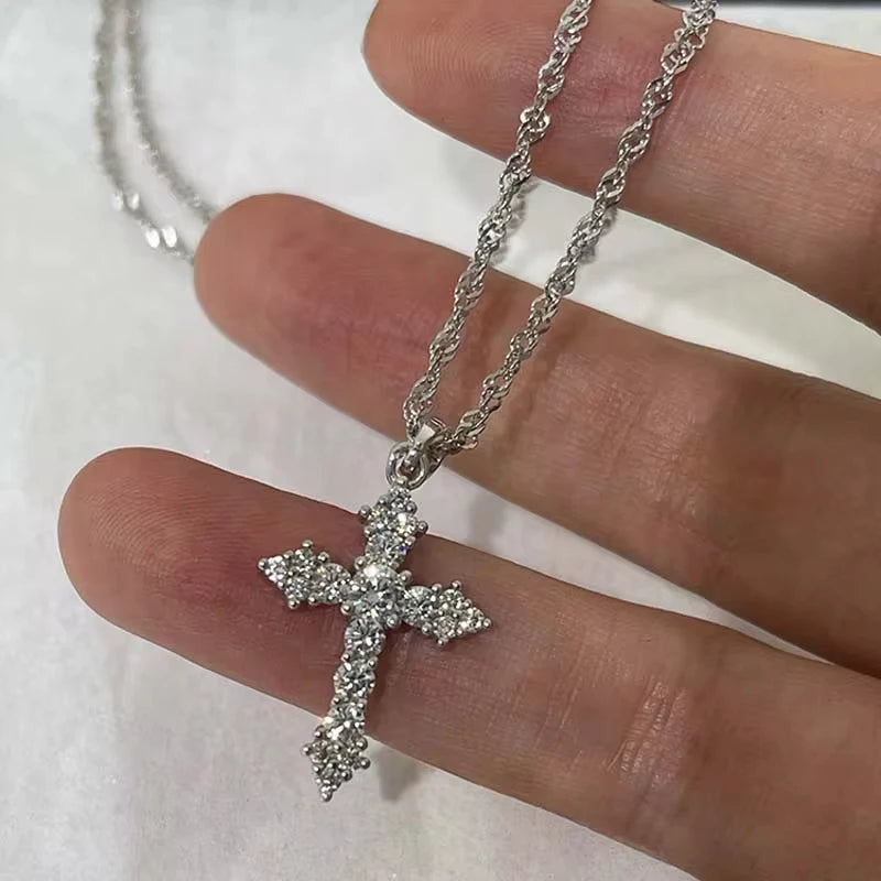 Shiny Crystal Zircon Cross Necklace – Punk Silver Pendant Jewelry for Women & Girls