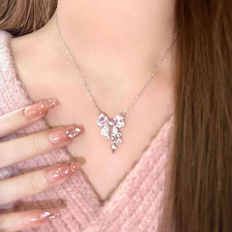 Pink Bow Star Rhinestone Necklace for Women