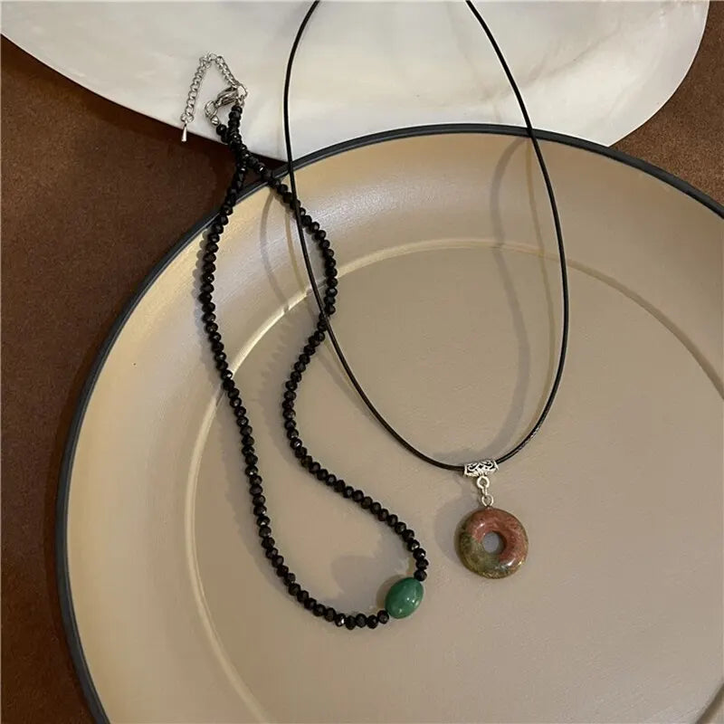 2Pcs Vintage Peace Pendant Necklace Set – Natural Stone Beaded Choker for Women & Men