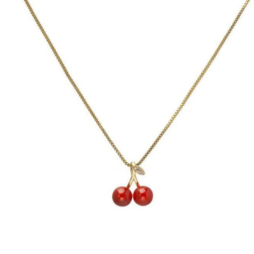 Red Cherry Pendant Necklace – Gold Chain Fruit Jewelry for Women