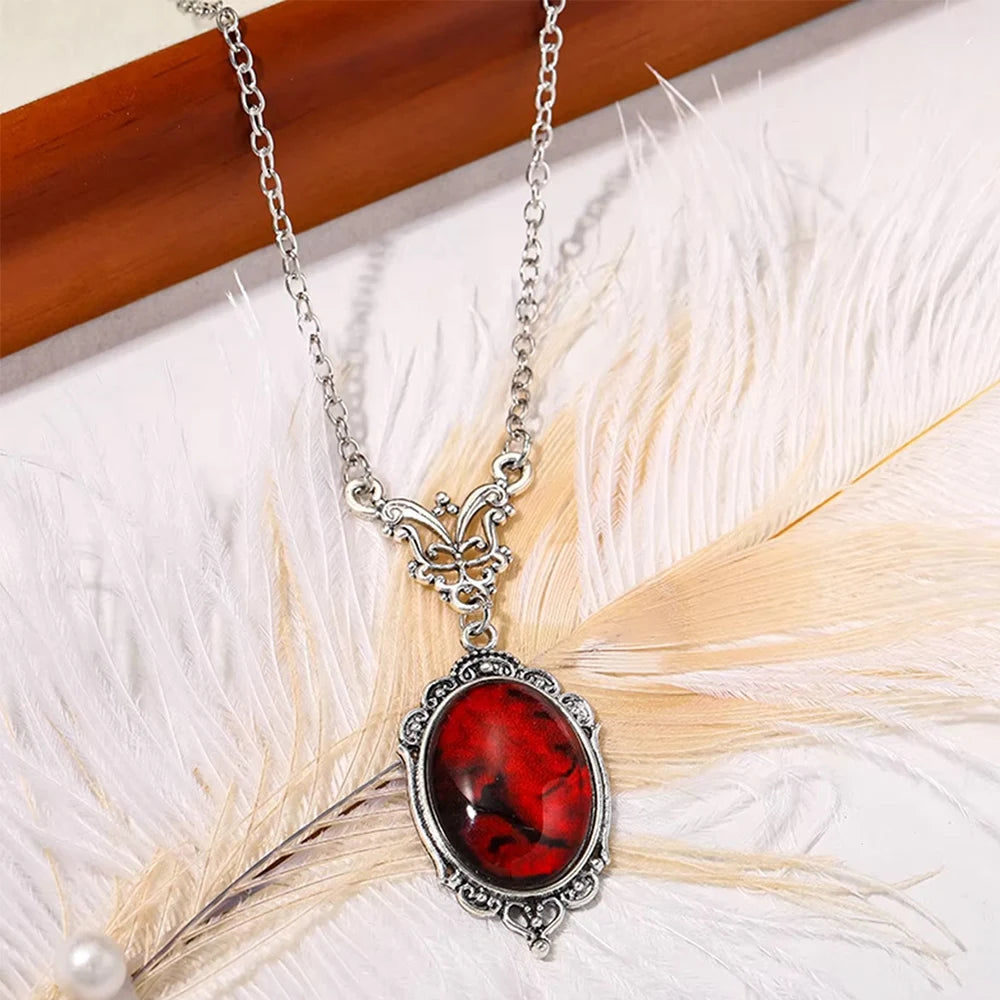 Vintage Red Stone Pendant Necklace – Bohemian Hollow Oval Jewelry for Women