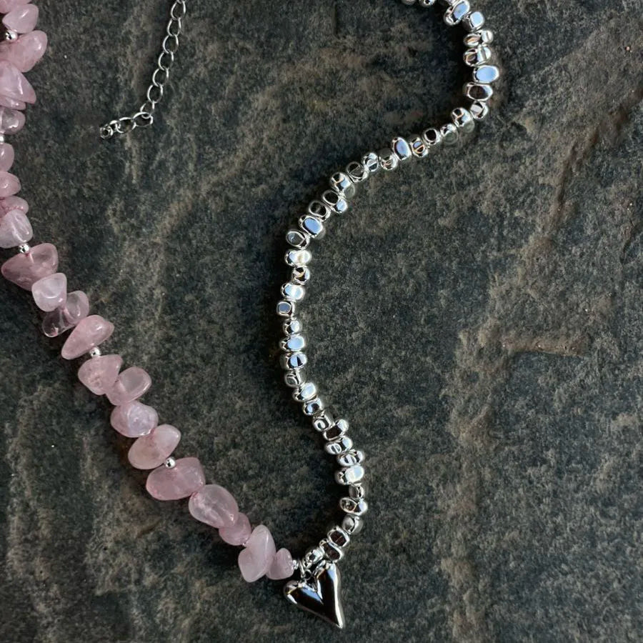 Irregular Pink Stone Heart Pendant Necklace Women