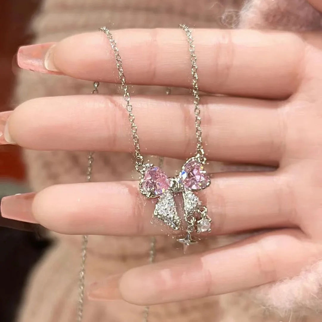 Pink Bow Star Rhinestone Necklace for Women