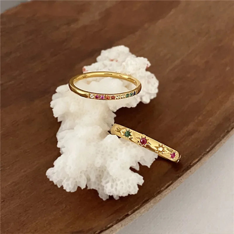 2pcs Rainbow CZ Gold Rings for Women