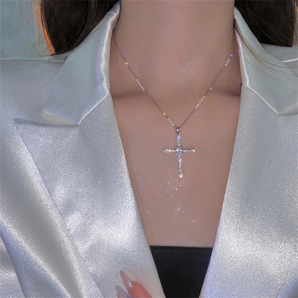 Elegant Crystal Cross Pendant Necklace – Silver Star Jewelry for Women
