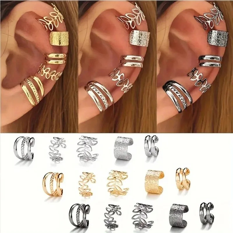 Hollow Leaf Clip-On Earrings – 5/15PCS Punk Zinc Alloy Jewelry for Women