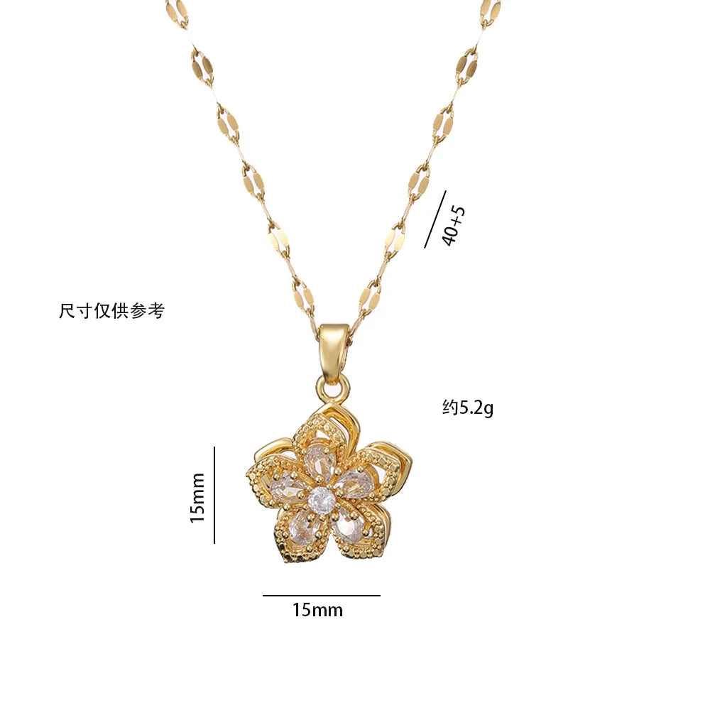Light Luxury Spin Zircon Flower Pendant Necklace – Gold Chain Jewelry for Women
