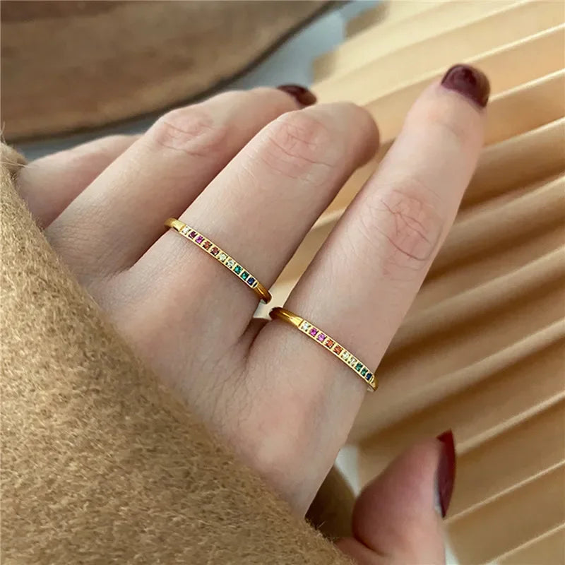 2pcs Rainbow CZ Gold Rings for Women