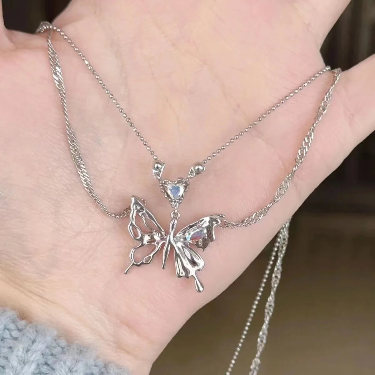 Y2K Crystal Butterfly Pendant Necklace for Women