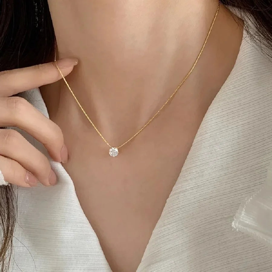 Gold Diamond-Plated Zircon Pendant Necklace – Stainless Steel Jewelry for Women