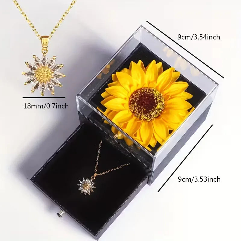 Dainty Stainless Steel Daisy Sunflower Necklace – Zircon Pendant with Gift Box for Women & Girls