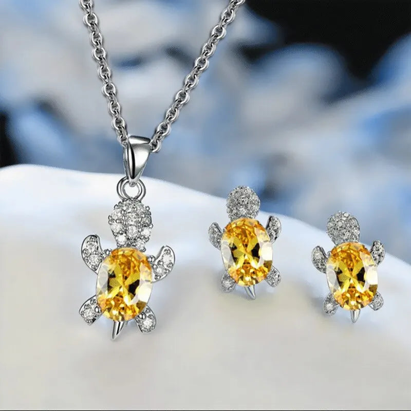 Silver Turtle Necklace & Earrings Set for Women