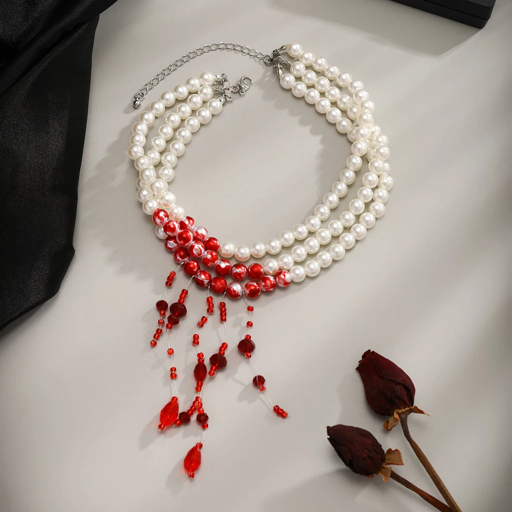 Vintage Red Blood Pearl Tassel Necklace for Women