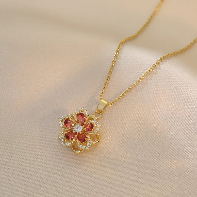 Light Luxury Spin Zircon Flower Pendant Necklace – Gold Chain Jewelry for Women