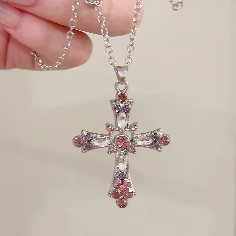 Trendy Pink Crystal Zircon Cross Necklace – Sparkling Pendant Jewelry for Women & Girls