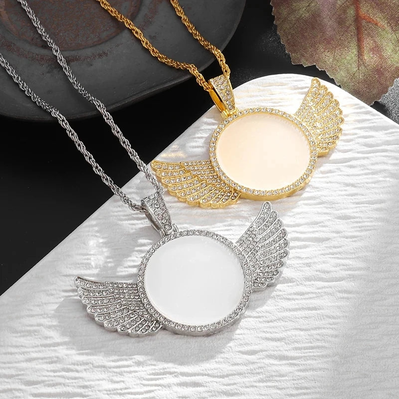 Memory Angel Wings Photo Necklace – Crystal Zirconia Pendant for Couples