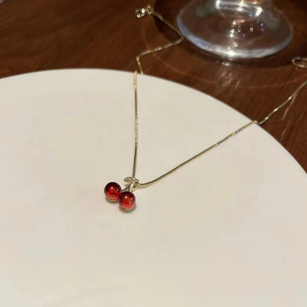 Red Cherry Pendant Necklace – Gold Chain Fruit Jewelry for Women
