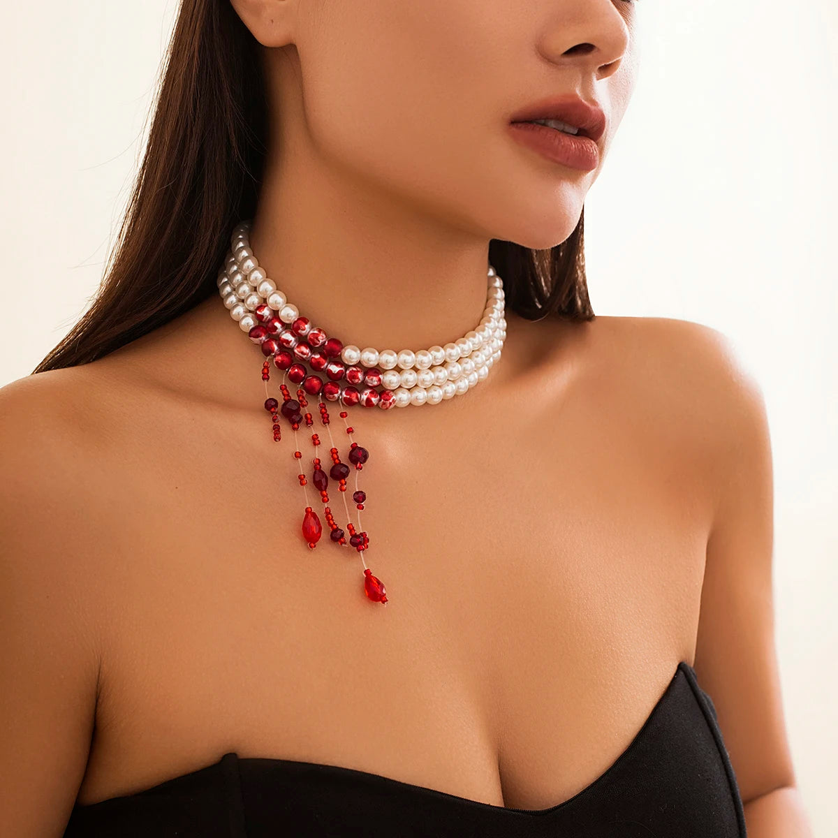 Vintage Red Blood Pearl Tassel Necklace for Women