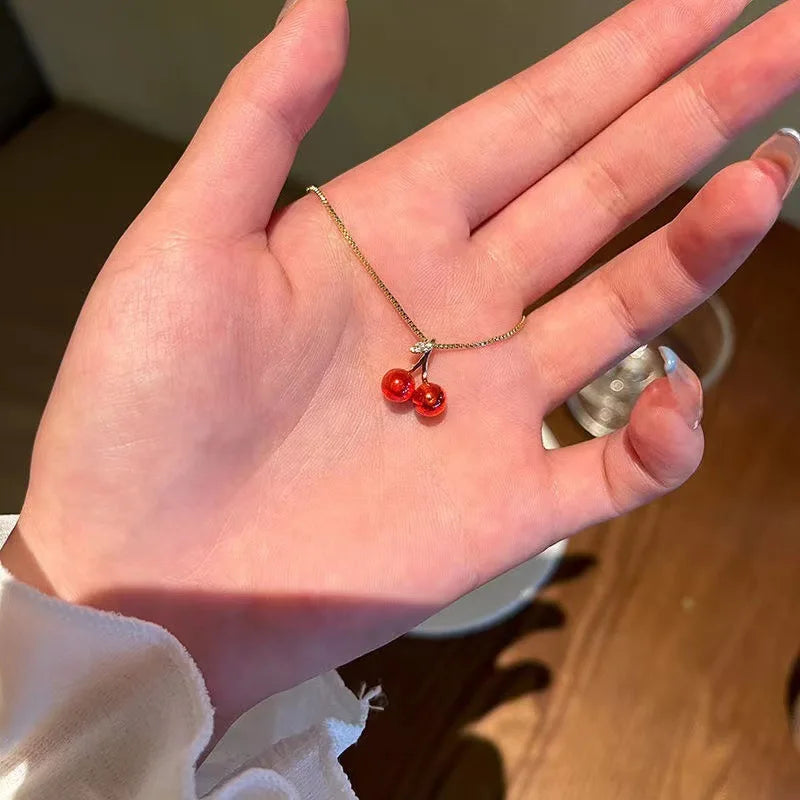 Red Cherry Pendant Necklace – Gold Chain Fruit Jewelry for Women