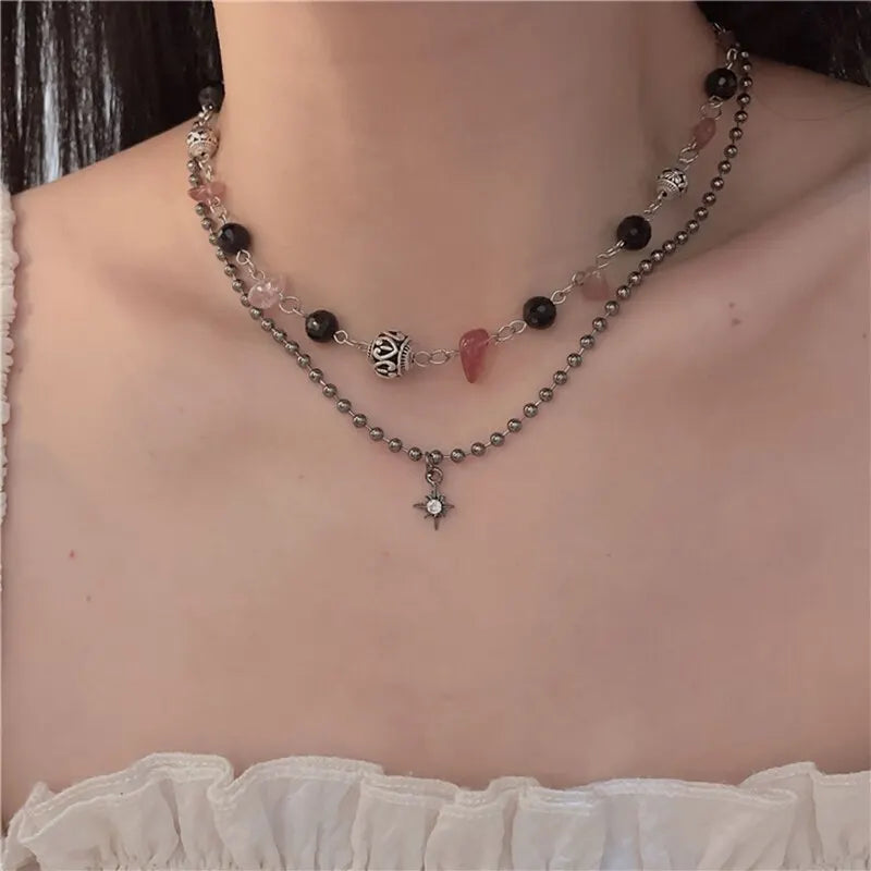 2Pcs Vintage Peace Pendant Necklace Set – Natural Stone Beaded Choker for Women & Men