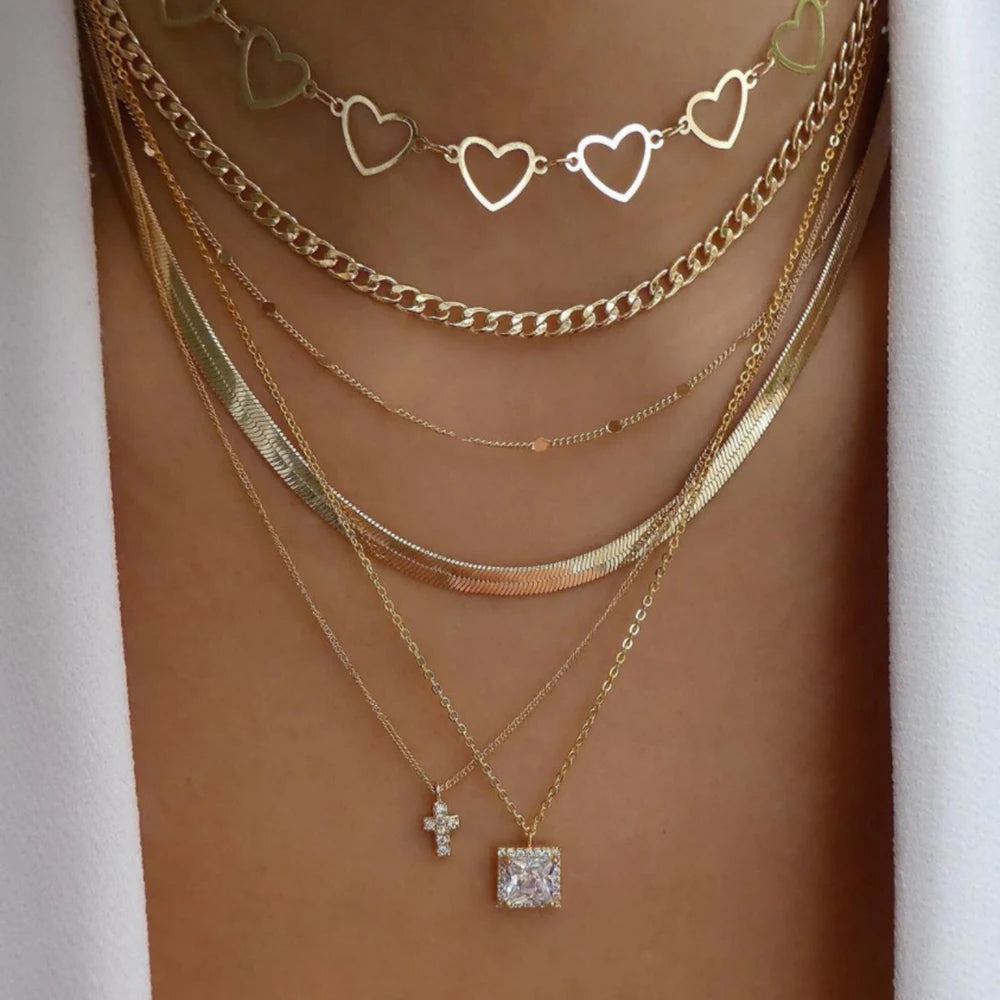 Vintage Gold Multi-Layer Crystal Necklace Set – Boho Trendy Jewelry for Women