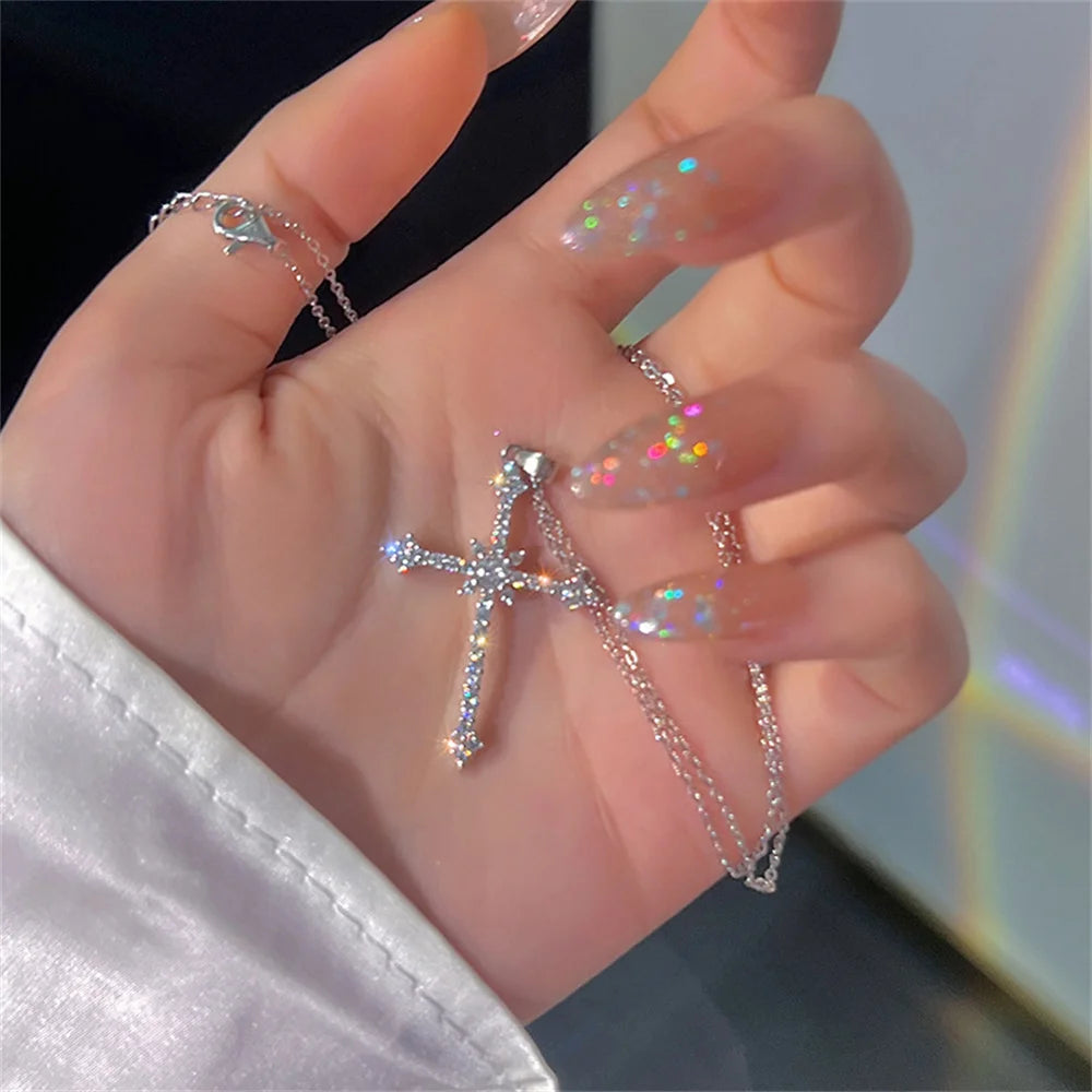 Elegant Crystal Cross Pendant Necklace – Silver Star Jewelry for Women