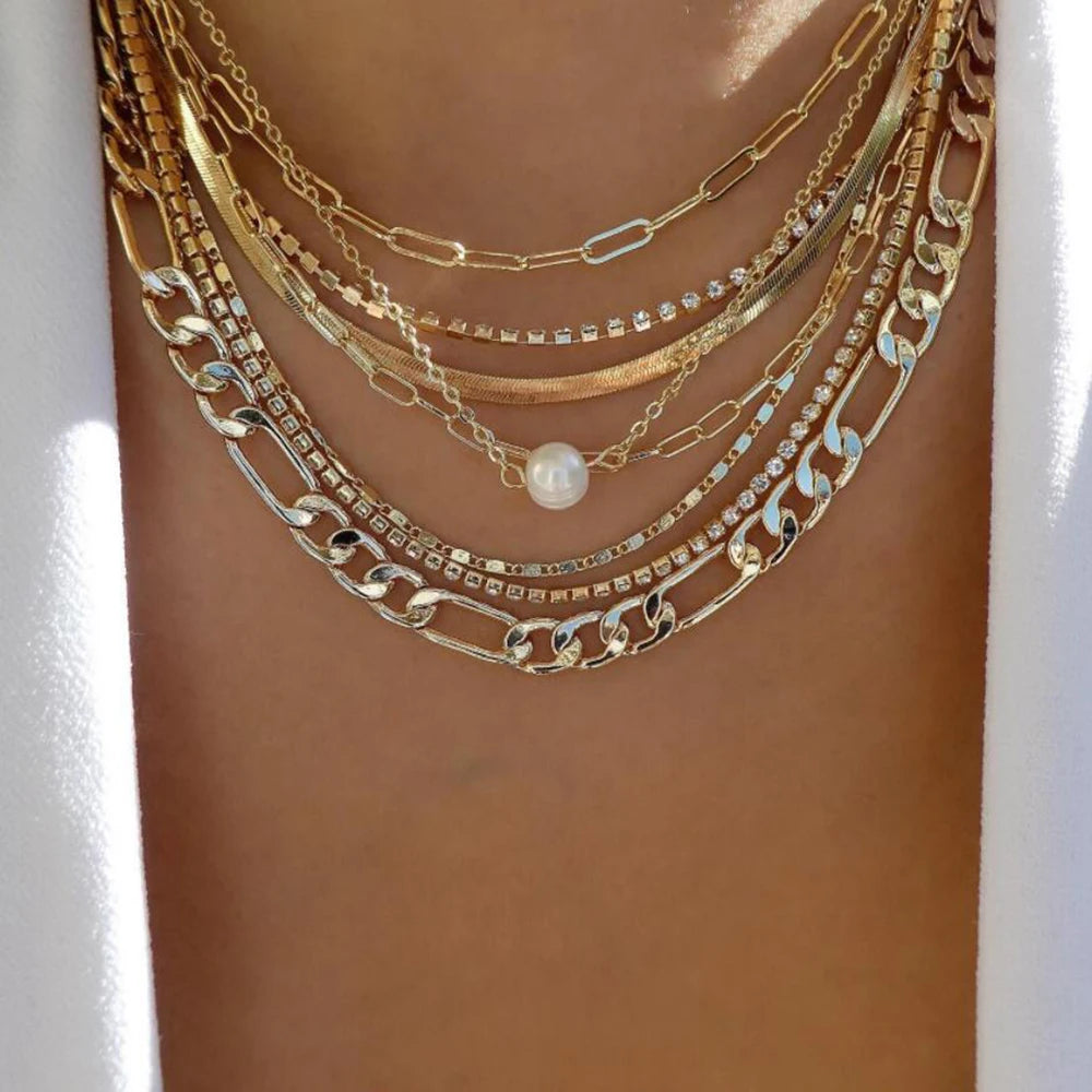 Vintage Gold Multi-Layer Crystal Necklace Set – Boho Trendy Jewelry for Women