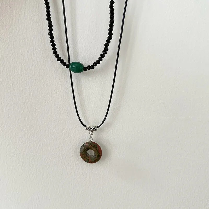 2Pcs Vintage Peace Pendant Necklace Set – Natural Stone Beaded Choker for Women & Men