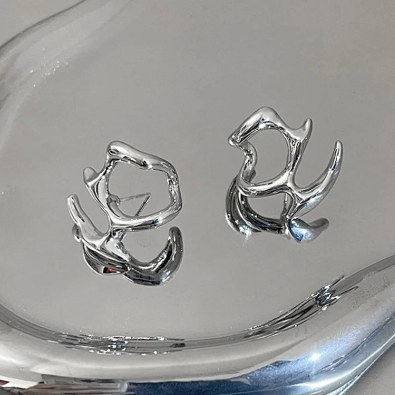 Y2K Silver Liquid Earrings – Punk Geometric Hip-Hop Jewelry for Women