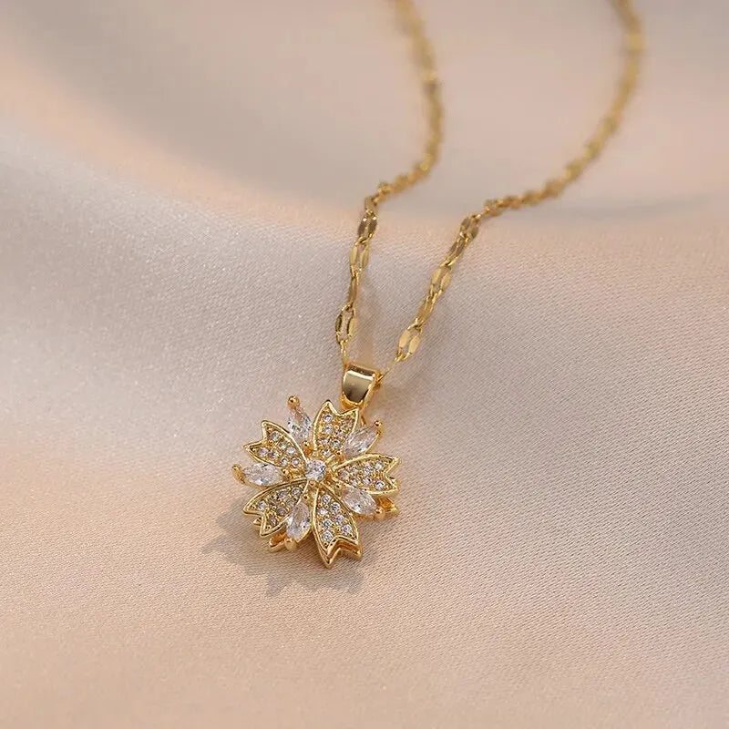 Light Luxury Spin Zircon Flower Pendant Necklace – Gold Chain Jewelry for Women