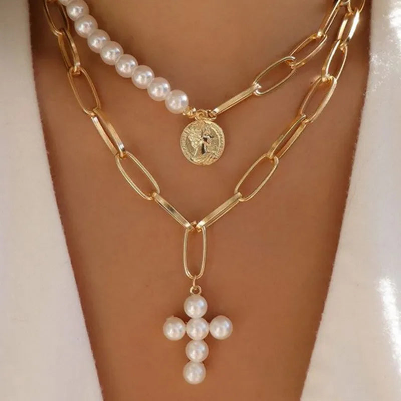 Gothic Pearl Cross Pendant Necklace – Trendy Punk Chain Jewelry for Women