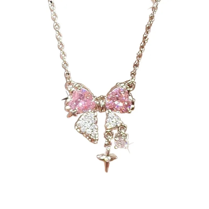 Pink Bow Star Rhinestone Necklace for Women