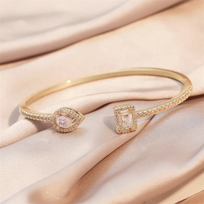 Luxury Geometric Gold Cuff Bangle – CZ Bracelet for Women