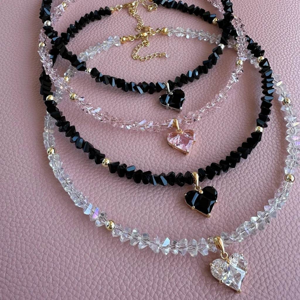 Vintage Zircon Heart Crystal Pendant Necklace – Boho Baroque Transparent Chain Jewelry for Women