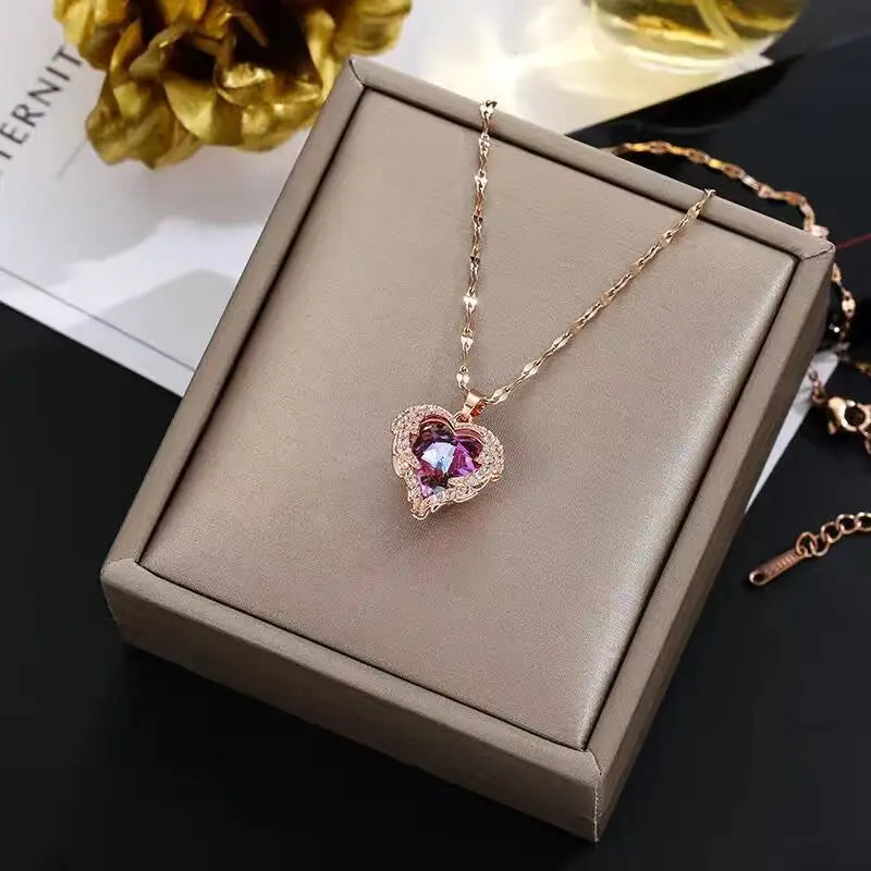 Luxury Colorful Crystal Ocean Heart Necklace – 316L Stainless Steel Pendant Jewelry for Women