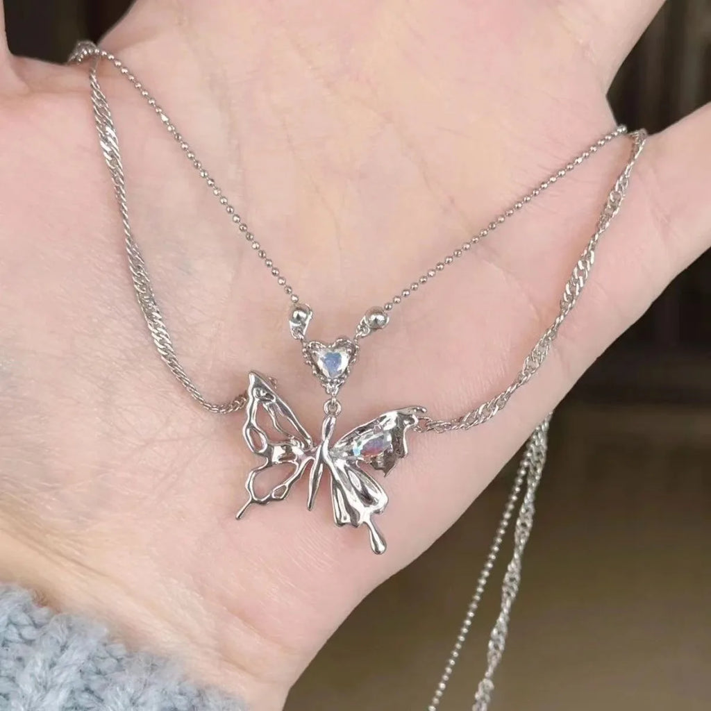 Y2K Crystal Butterfly Pendant Necklace for Women