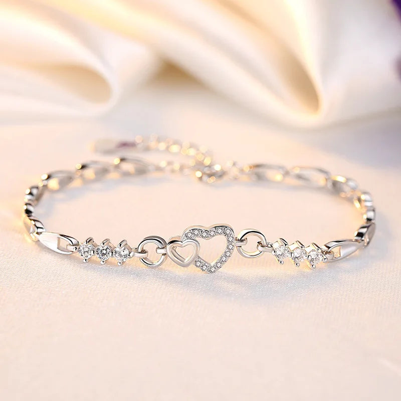 925 Sterling Silver Heart Bracelet – Purple Crystal Zircon Jewelry for Women