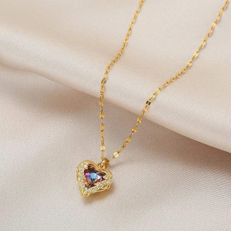 Luxury Colorful Crystal Ocean Heart Necklace – 316L Stainless Steel Pendant Jewelry for Women