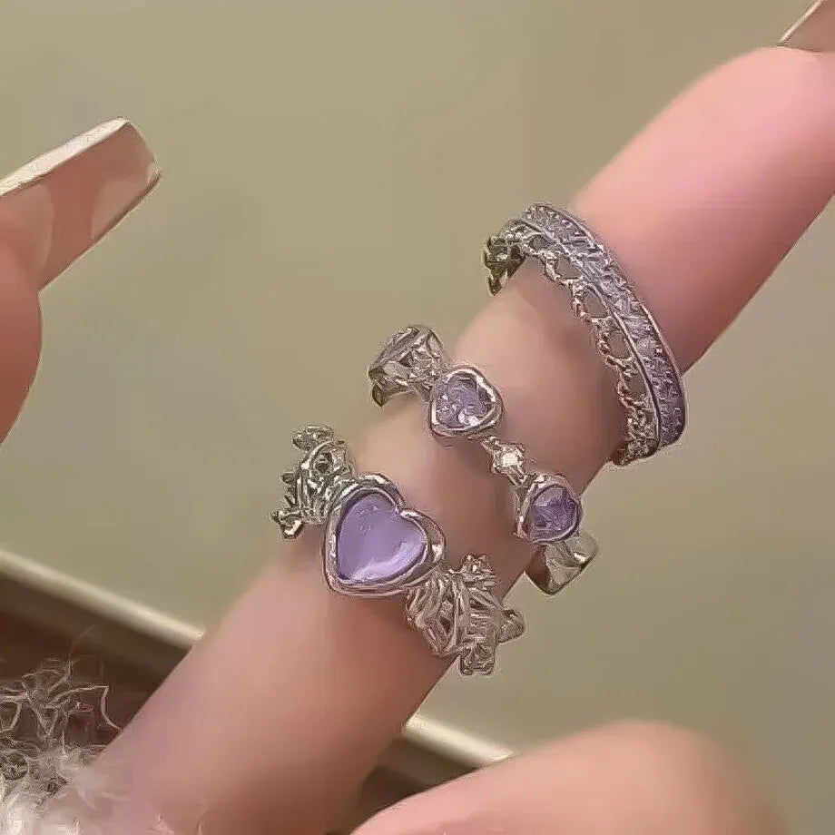 3pcs Heart Rhinestone Ring Set for Women