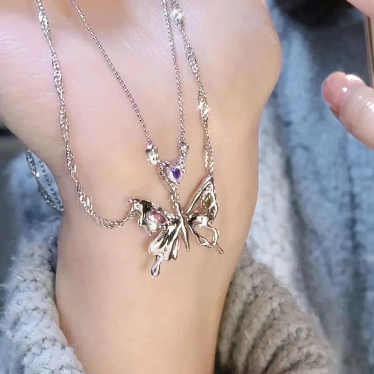 Y2K Crystal Butterfly Pendant Necklace for Women