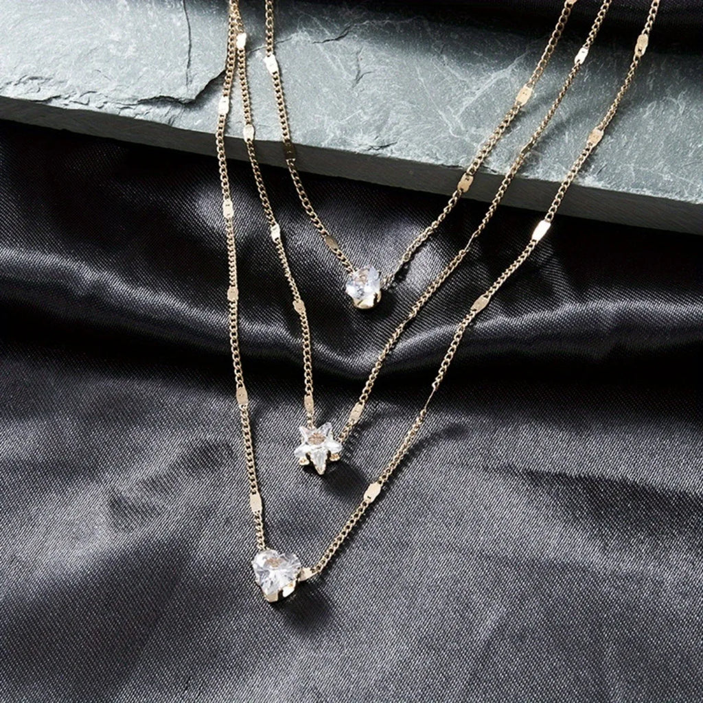 Multi-Layer Star & Heart Water Drop Necklace – Sexy Alloy & Glass Chain for Women