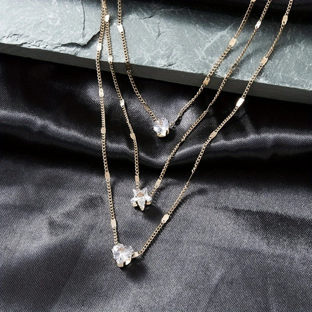 Multi-Layer Star & Heart Water Drop Necklace – Sexy Alloy & Glass Chain for Women