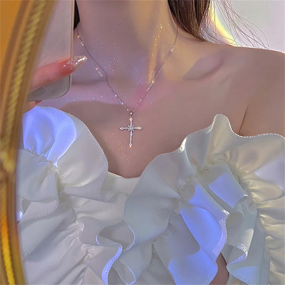 Elegant Crystal Cross Pendant Necklace – Silver Star Jewelry for Women