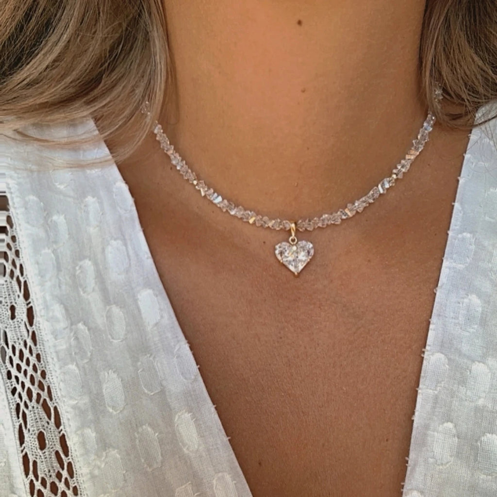 Vintage Zircon Heart Crystal Pendant Necklace – Boho Baroque Transparent Chain Jewelry for Women
