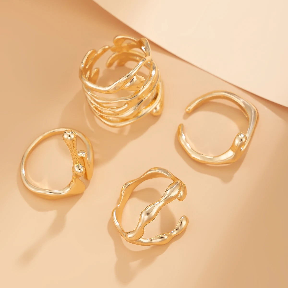 Vintage Lava Open Ring Set – 4PCS Adjustable Gold Couples Jewelry